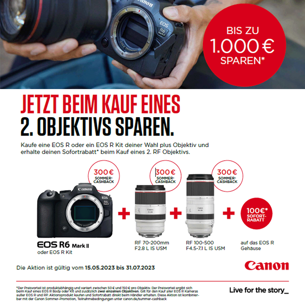 Jetzt Canon Aktionskamera und 2 RF Aktionsobjektive zusammen kaufen und bis zu 150,00 €  Sofortrabatt sichern (15.05.2023 bis 31.07.2023)