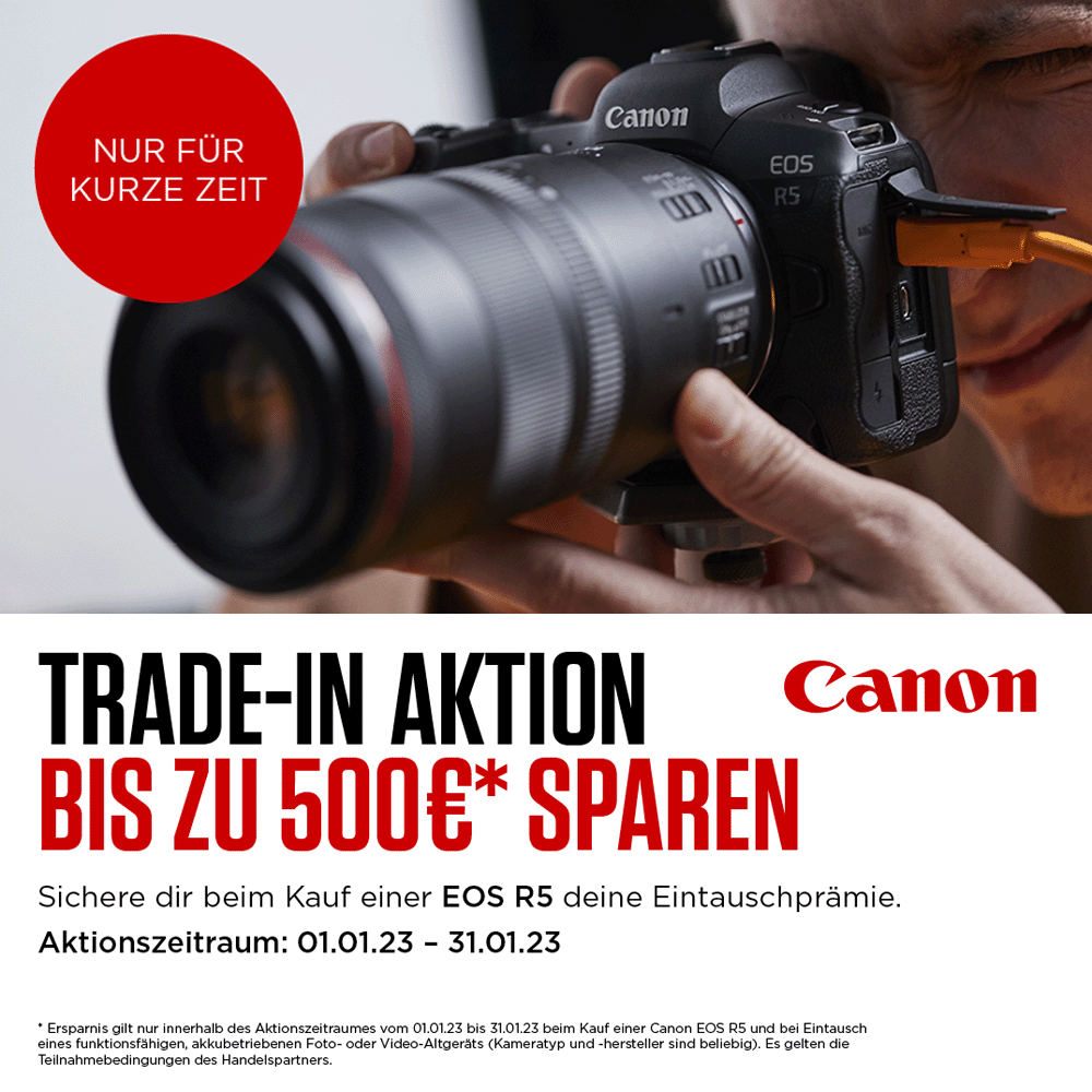 Jetzt Canon EOS R5 kaufen, alte Kamera eintauschen und 500,00 € TradeIn-Sofortrabatt zusätzlich erhalten (01.01.2023 bis 31.01.2023)