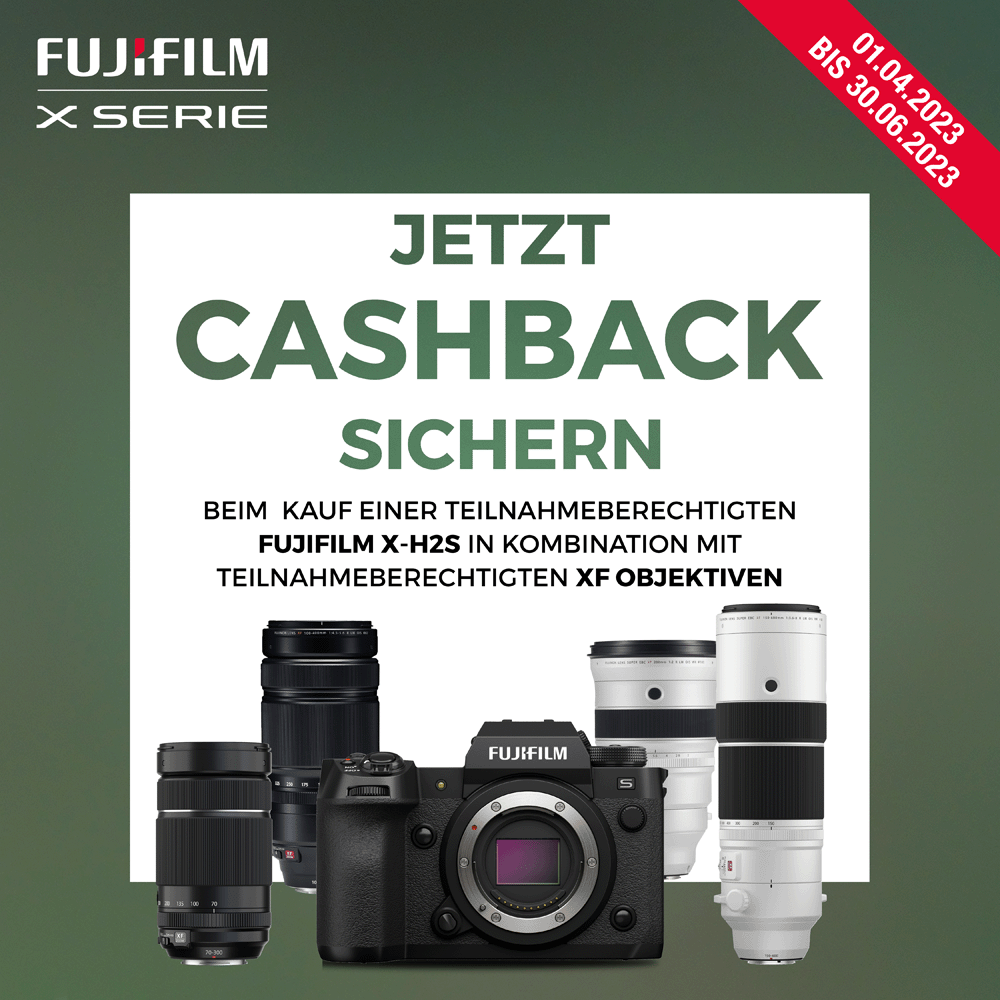 Jetzt Fujifilm X-H2S zusammen mit bis zu 4 teilnehmenden Fujfiilm Objektiven kaufen und bis zu 1300,00 € CashBack erhalten (01.04.2023 bis 30.06.2023)