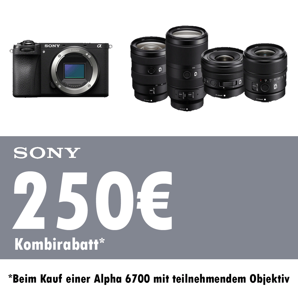 Jetzt Sony Alpha 6700 zusammen mit Aktionsobjektiv kaufen und 250,00  Sofortrabatt erhalten (01.11.2024 bis 31.01.2025)