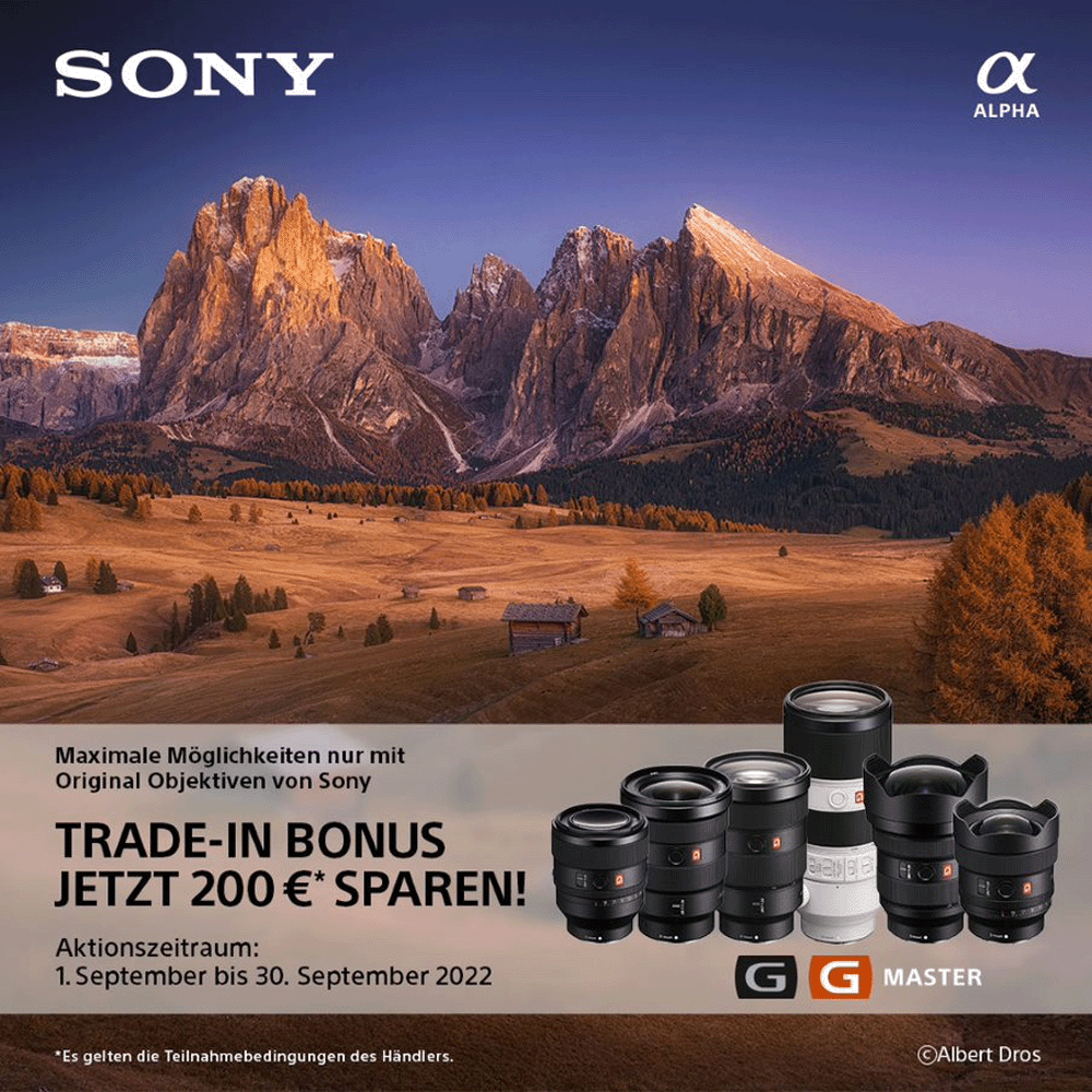 Jetzt teilnehmendes Sony Objektiv kaufen, altes Objektiv eintauschen und bis zu 200,00 € TradeIn-Bonus erhalten (01.09.2022 bis 30.09.2022)